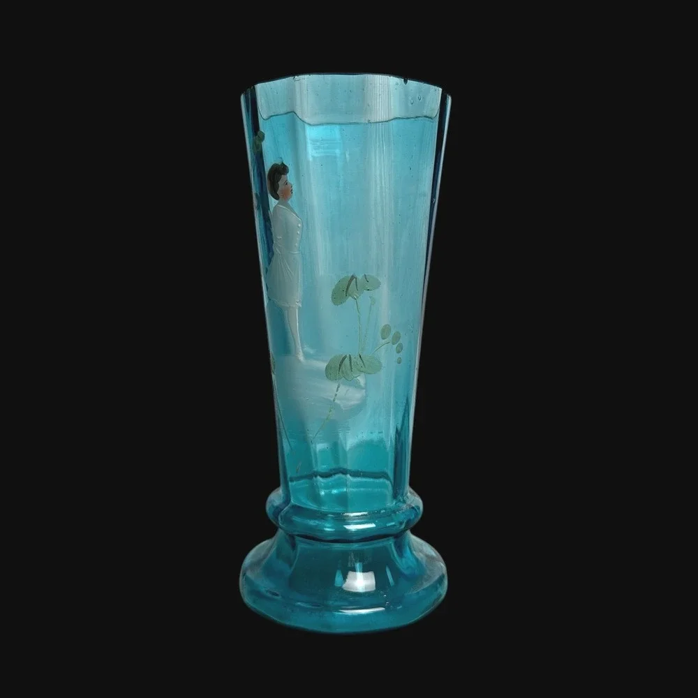 Antique Mary Gregory Turquoise‎ Blue Art Glass Vase Hand Painted Girl 6.5